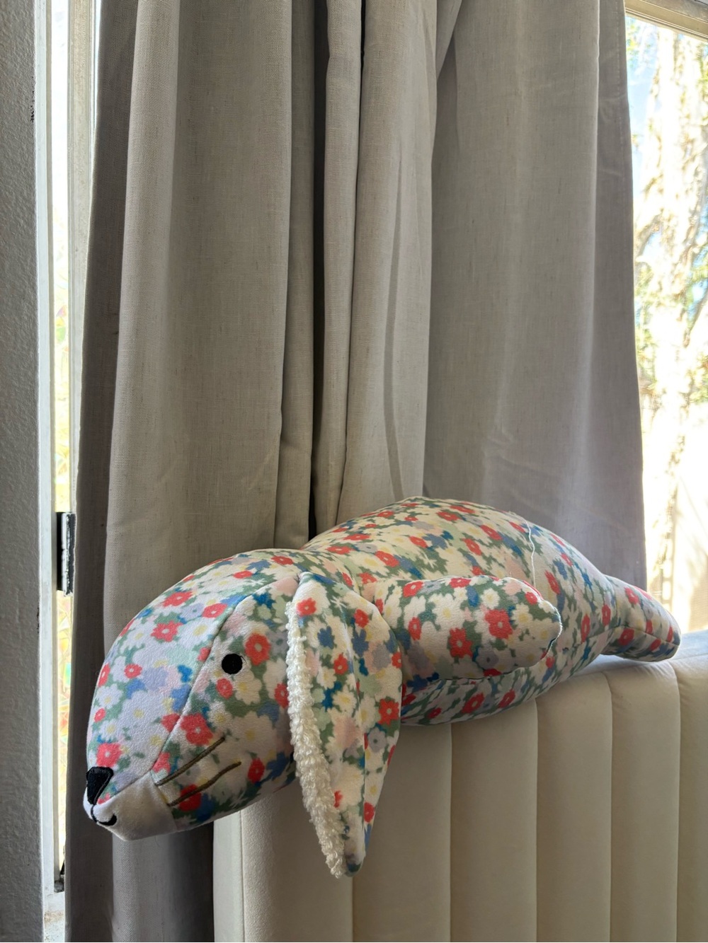 WEIGHTED Floral Cotton Bunny Door Draft Stopper - Gray Pink Blue